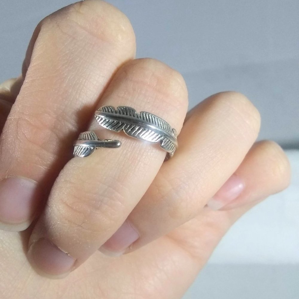 Silver Adjustable Feather Ring Open Ring